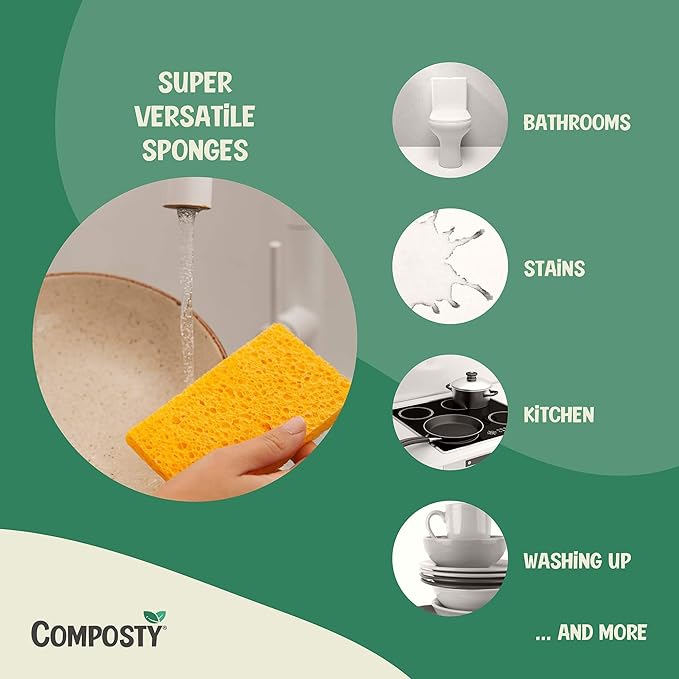 Pop-Up Compostable Sponges 12-Pack – Eco-Friendly Biodegradable Cellulose Kitchen Sponges (Plastic-Free, Non-Scratch, Compressed & Expanding) for Dishes, Kitchen & Bathroom by Award Winning Composty