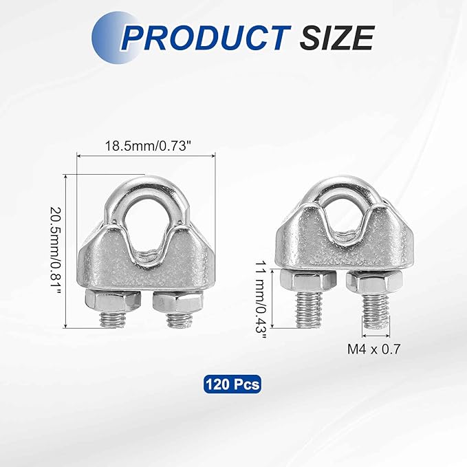 MECCANIXITY 120Pcs Wire Rope Cable Clip Clamps 1/8 Inch M3 Small 304 Stainless Steel U Bolt Saddle Fasteners Hardware for Secure Rigging Marine Guy Line Fence Clothesline, Silver