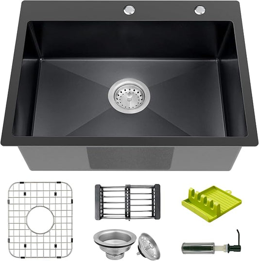 Black Topmount Stainless Steel Bar Sink 25x18x9 Inch Drop In Single Bowl Kitchen Sink With Accessories - Grid, Strainer Basket, Soap Dispenser, Drain Assembly Set For Modern Kitchen
