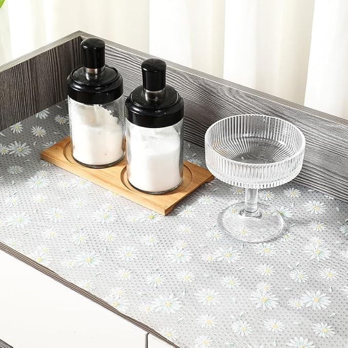 Daisy Flower Shelf Liner for Kitchen Cabinets, Non-Adhesive Drawer Liners, Non-Slip Refrigerator Mat, Washable EVA Cabinet Liner for Pantry, Fridge, Closet, Cupboard, 12" x 10 FT