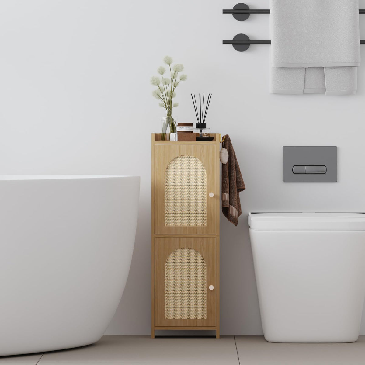 Rattan Bathroom Small Storage Cabinet with 2 Doors | Home Organization - Image 1
