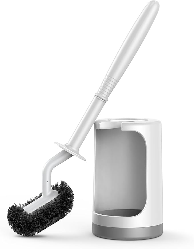 HAMITOR Toilet Bowl Brush Holder Set: Curved Design with Holder for Deep Cleaning Under Rim - Compact Hidden Scrubber for Small Space - Modern RV Bathroom Accessories - White (Pack of 2)
