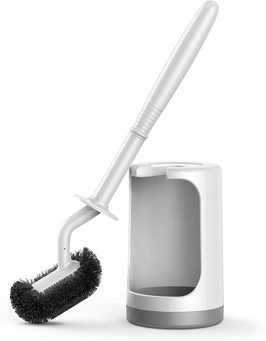 HAMITOR Toilet Bowl Brush Holder Set: Curved Design with Holder for Deep Cleaning Under Rim - Compact Hidden Scrubber for Small Space - Modern RV Bathroom Accessories - White (Pack of 2)
