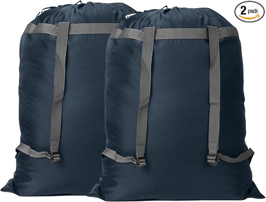 2 Pack Laundry Bag Backpack, 27” x 34”Sturdy Laundry Bag with Shoulder Straps Drawstring Closure Heavy Duty Foldable Laundry Backpack for College, Travel, Laundromat, Apartment (Navy Blue)