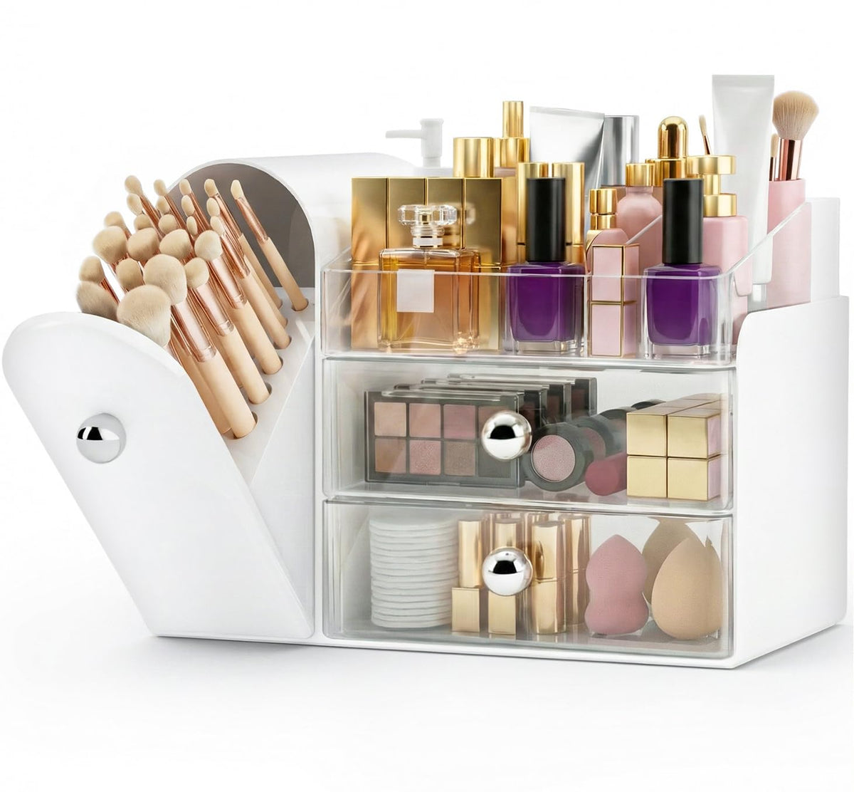 Makeup Organizer Countertop with Makeup Brush Holder,White - Image 1