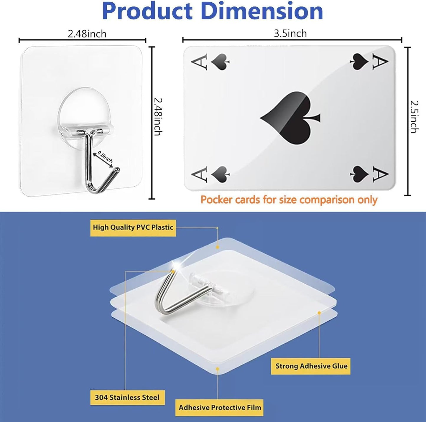 Adhesive Wall Hooks 13LB Heavy Duty, No Drill, Transparent Waterproof Hooks for Bathroom, Kitchen, Towel & Coat — 12 Pack