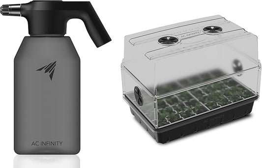 AC Infinity Automatic Sprayer & Humidity Dome Germination Kit Bundle — 2L USB Rechargeable Electric Spray Bottle with Adjustable Nozzle + Heavy-Duty 3mm Thick Dome with Seedling Tray & Vented Panels