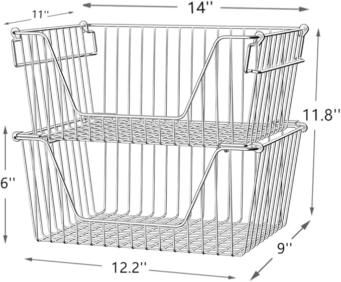 Slideep Large Stackable Storage Baskets Cabinet Organizer Sturdy Metal Wire Pantry Freezer Bin for Pantry Home Bathroom Kitchen Organization 3 Packs