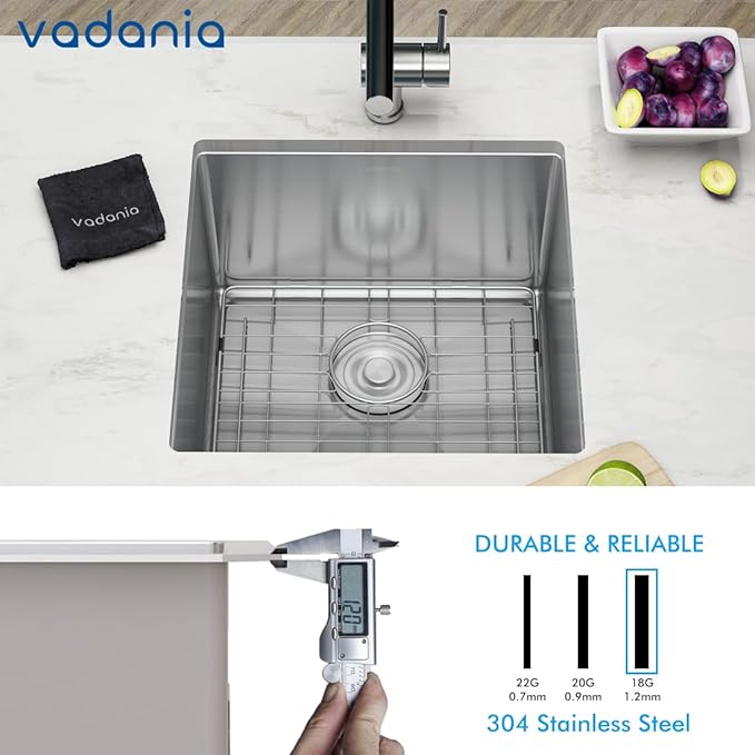 VADANIA Bar Prep Sink 18-inch, 18"x18"x10", Single Bowl, Undermount, 18 Gauge T304 Stainless Steel, Satin Finish, with Strainer & Bottom Grid, cUPC listed