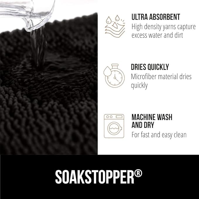 GORILLA GRIP SoakSTOPPER Dog Door Mat, 60x36 Machine Washable Rug Absorbent Doormat Captures Moisture Mud Dirt, Quick Dry Soft Chenille Entryway Rugs Indoor Entrance Mats for Dog Paws, Black
