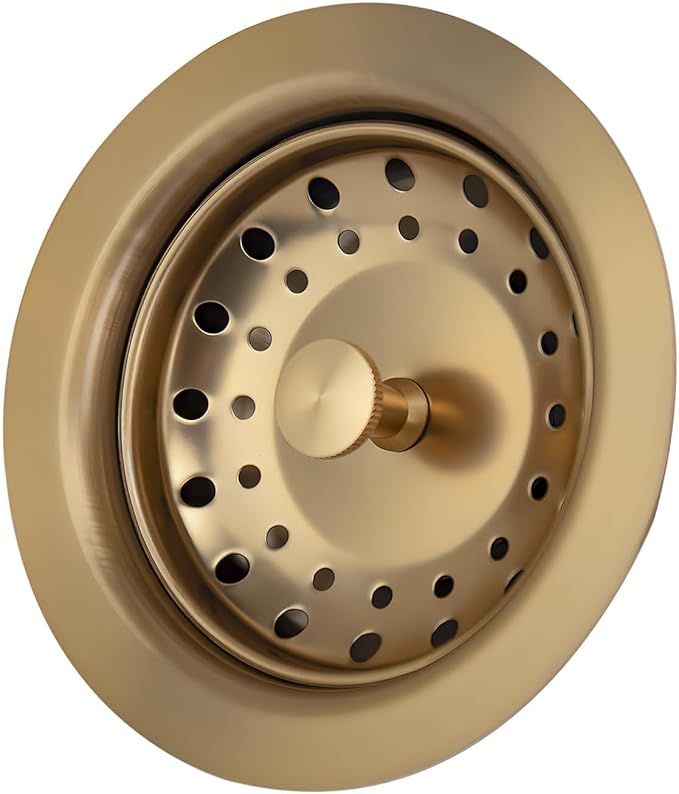Uni-Green Champagne Bronze Kitchen Sink Drain for Standard 3-1/2 inch Drain - Fit 1-1/2 inch Pipe - Kitchen Sink Drain Strainer Stainless Steel Basket with Knob - Rubber Stopper Bottom