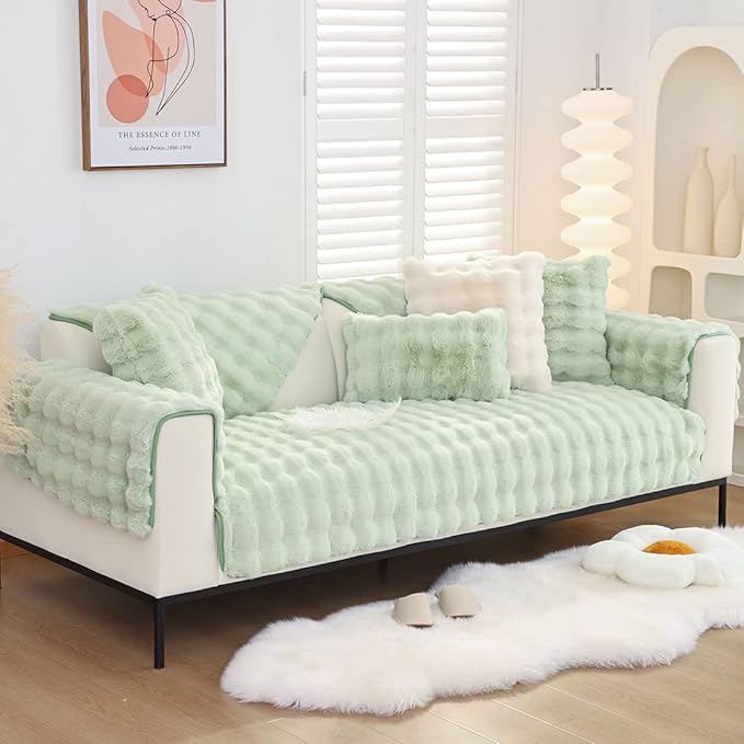 Soft Warm Faux Fur Couch Sofa Cover Thick Shaggy Fuzzy Sectional Couch Cover Non-Slip Solid Color Plush Sofa Slipcover Furniture Protector for Kids, Pets (Light Green,28"x35")