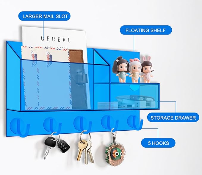 Acrylic Key Holder Wall Mount Mail Organizer for Wall with Shelf Storage Drawer and 5 Hooks, Blue