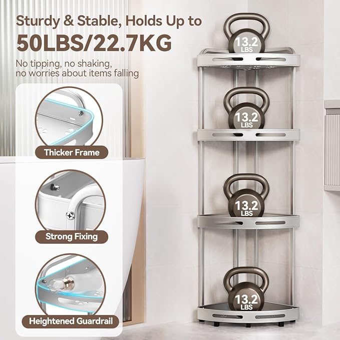 Corner Shower Caddy, 4 Tier Standing Shower Organizer with Soap Holder, Rustproof Stand Shower Shelves for Bathroom Shampoo Storage, Silver