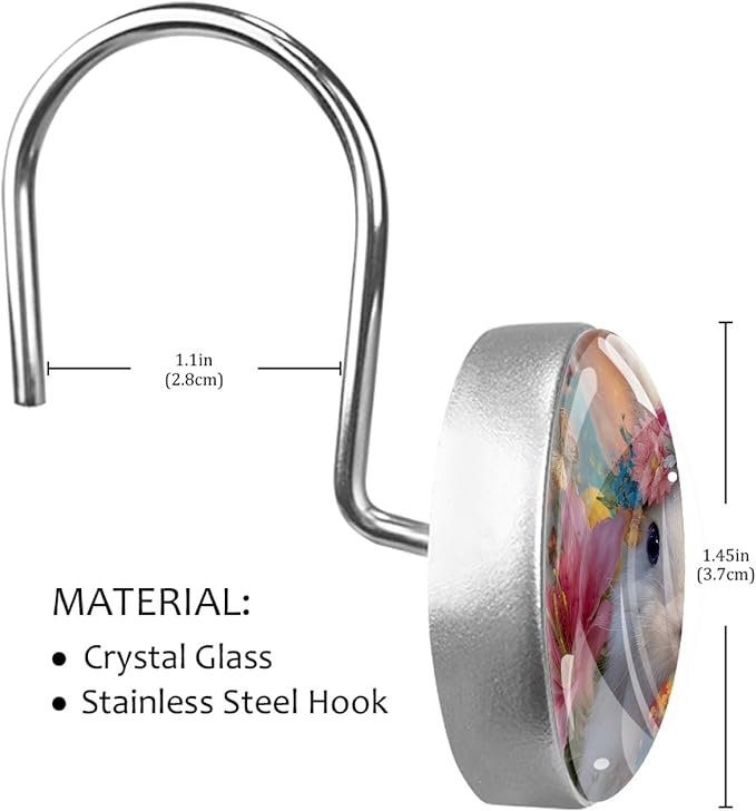 Easter Rabbit and Flowers Shower Curtain Hooks 12Pcs, Decorative Rust Resistant Shower Rings for Shower Curtain Rods, Stainless Steel Round Curtain Hooks for Bathroom, Bedroom, Farmhouse