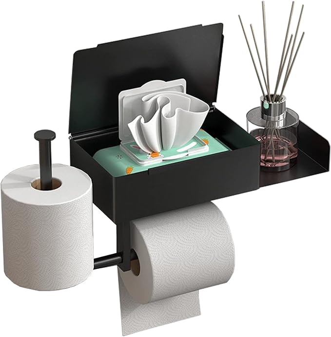 Toilet Paper Holder with Shelf, Flushable Wipes Dispenser Fits, SUS304 Stainless Steel Wall Mount Toilet Paper Roll Holder, Matte Black Toilet Paper Holder with Shelf 3-Roll Capacity