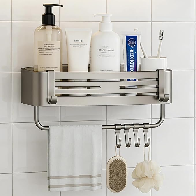 Corner Shower Shelf Caddy Suction Cup, No Drill Hole with Towel Bar and Hook, Gray Bathroom Storage Rack, Zero Drill Square Shelves, Store Toiletries and Bath Towel for Bathroom Kitchen RV