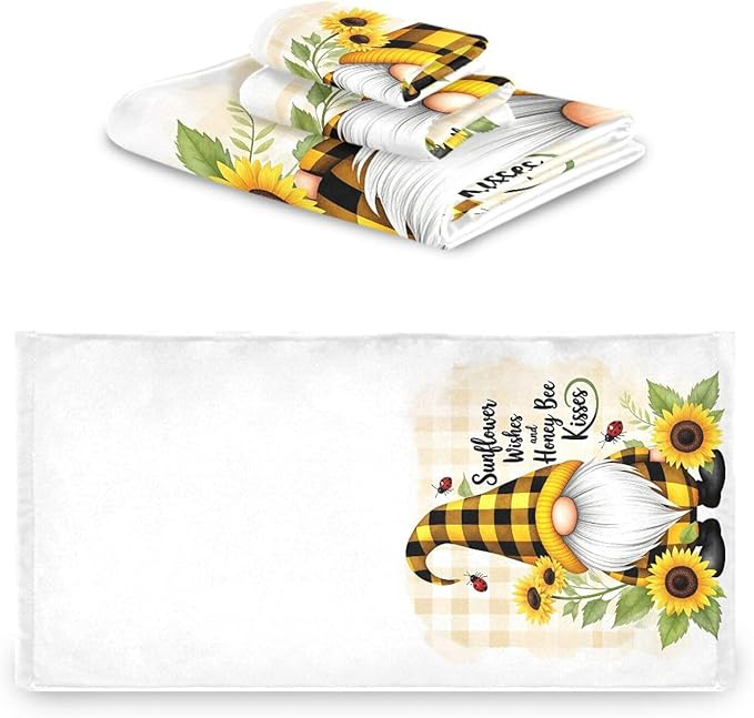 Pfrewn Gnome Sunflower Flowers Towels Set of 3 Bee Plaid Spring Bathroom Towel Soft Absorbent Bath Hand Towels Washcloth Guest Towel Sets Bathroom Decorations