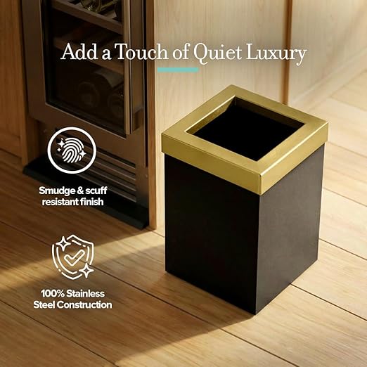 Gatco Small Bathroom Trash Can With Lid, Square 3 Gallon Stainless Steel Wastebasket, Under Sink, Matte Black And Brushed Brass, For Bathroom, Bedroom, Office (1934)