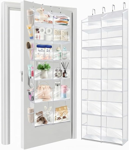HOMELUX THEORY UPGRADED 6 Tiers Over The Door Organizer Hanging - 100D EXTRA THICK & 50lbs HUGE CAPACITY, 12 Side Mesh Pockets Over The Door Shoe Organizer, Hanging Closet Organizer (Transparent, XL)