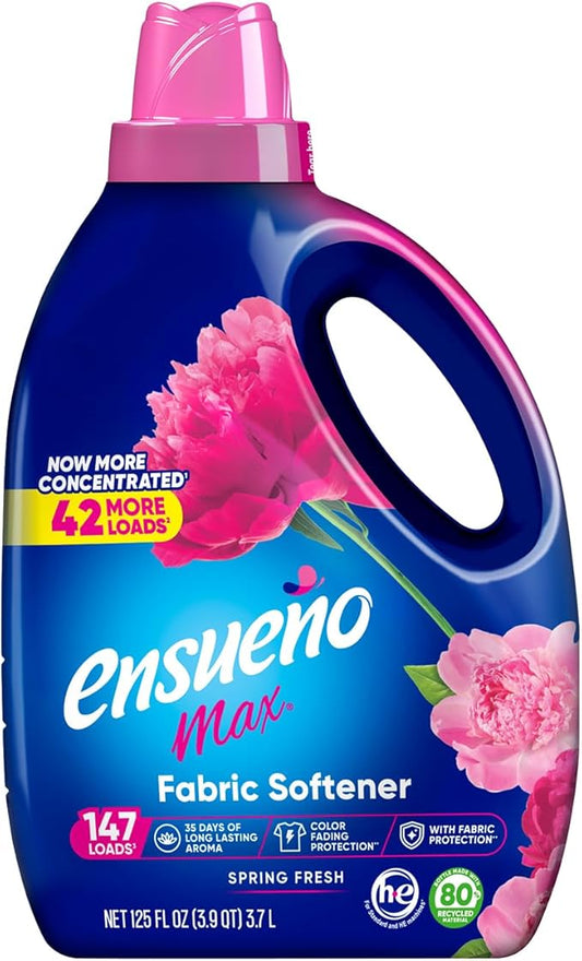 Ensueño Max Liquid Fabric Softener - Spring Fresh Scent - 125 fl oz - Color-Safe Fabric Softener Liquid - Softens 147 Loads - Reduces Wrinkles & Static