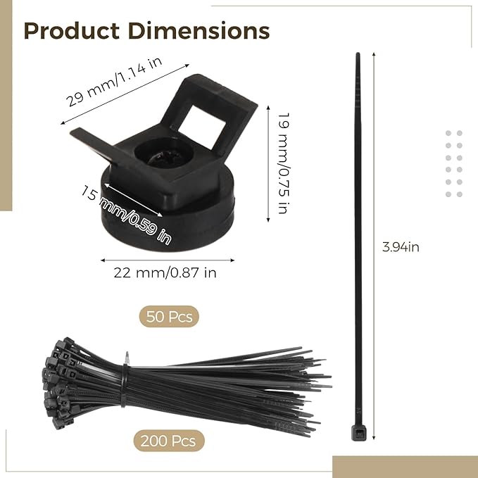 Magnetic Cable Zip Tie Mounts, 50 Pcs Magnet Bases with 200 Pcs Cable Ties, Multipurpose Wire Management Organizer for Desk PC Home Office, Adhesive-Free Cable Clips Holder