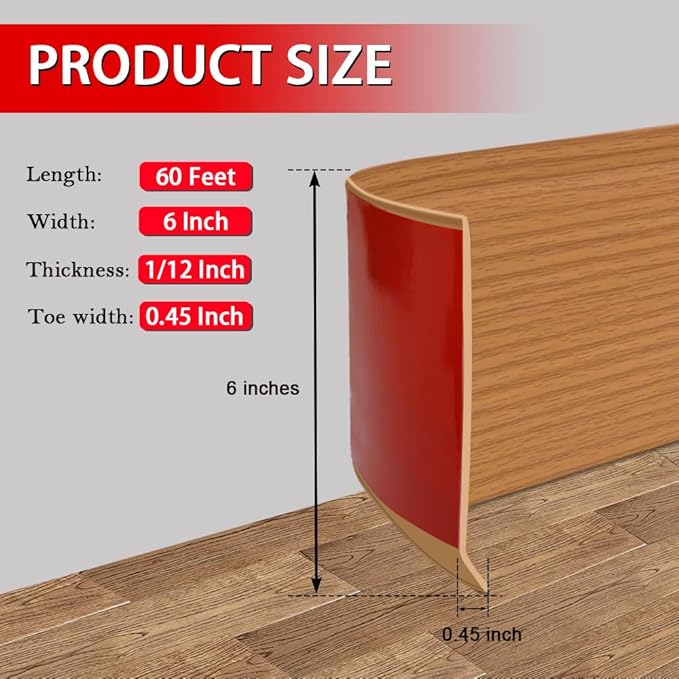Vinyl Wall Base Baseboard Molding Trim 6" Flexible Self Adhesive Rubber Wall Base Moulding Trim Peel and Stick Design, 6 Inch x 60 Feet, Yellow Wood