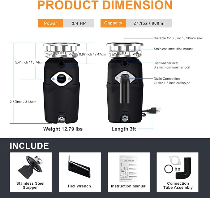Garbage Disposal 3/4 HP for Kitchen sink Quiet with Power Cord, Easy install, Food Waste Disposer Stainless Steel Grind 0.75 Horsepower (A600)
