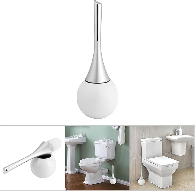 Toilet Brush Set, Stainless Steel Base Water Proof and ABS Plastic Handle Anti Impact, with Concealed Holder for Modern Bathroom Decor (White Base)