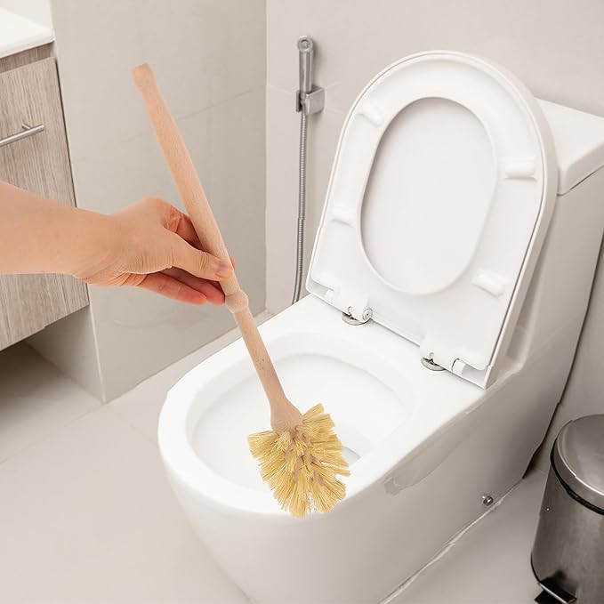 Veemoon Toilet Scrubber Brush and Holder Set with Ceramic Beechwood Base, Toilet Bowl Cleaner Brush for Bathroom Cleaning and Home Use, Sturdy Hygienic Cleaning Tool