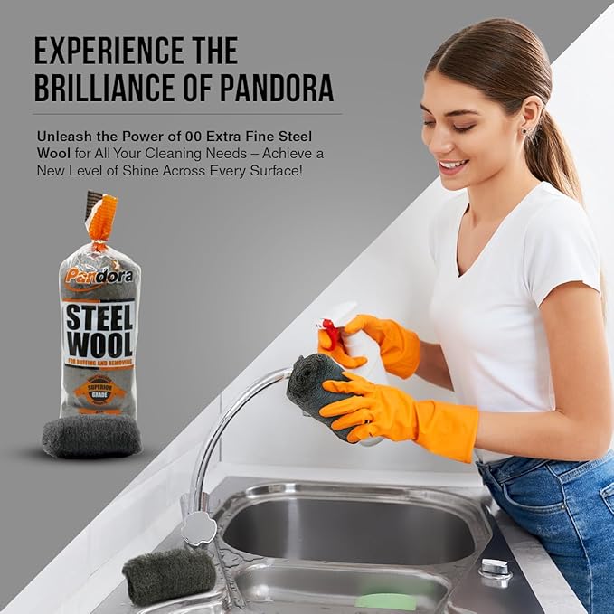 Pandora Steel Wool #00 – Extra Fine Grade, 16 Pads for Buffing and Cleaning - Quality Metal Strands - Ideal for Cleaning Golf Clubs, Metal Wheels, Screens, and Metal Lawn Furniture