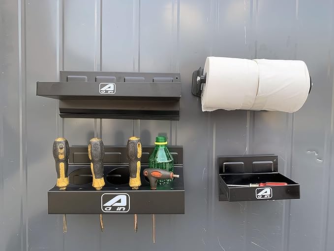 A A in 4-Piece Magnetic Toolbox Tray Set, Tray and Holder, Magnetic Toolbox Shelf Tool Box Cabinet Side Shelf Storage for Tool Organizer, Garage, 2 Trays, Can Caddy, Paper Towel & Screwdriver Holder