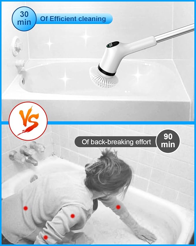 Electric Spin Scrubber, 2024 Upgrade Cordless Shower Scrubber with 8 Replaceable Brush Heads and 3 Adjustable Speeds, LED Screen and Extension Handle (Black)