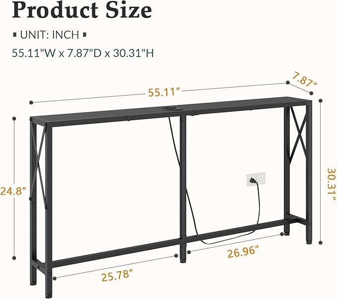 55.1" Narrow Sofa Table, Console Table with Oulets & USB Ports, Entryway Table, Industrial Couch Table for Hallway, Living Room, Bedroom, 6.5 Feet Power Cord,Black