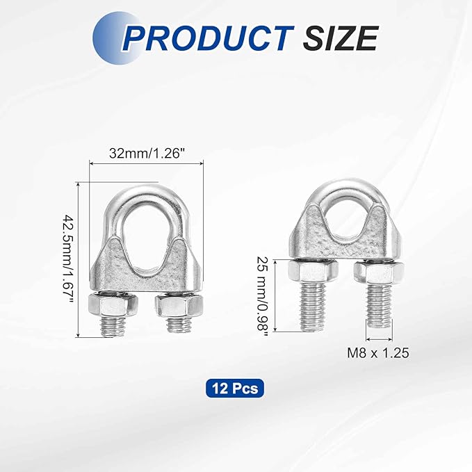 MECCANIXITY 12Pcs Wire Rope Cable Clip Clamps 3/8 Inch M10 Small 304 Stainless Steel U Bolt Saddle Fasteners Hardware for Secure Rigging Marine Guy Line Fence Clothesline, Silver