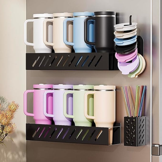 2-Pack Magnetic Stanley Cup Holder with Tumbler Lid & Straw Organizer for Full Stanley 30/40 oz Tumblers - Stores Bottle, Lid & Straw on Fridge/Iron - Removable