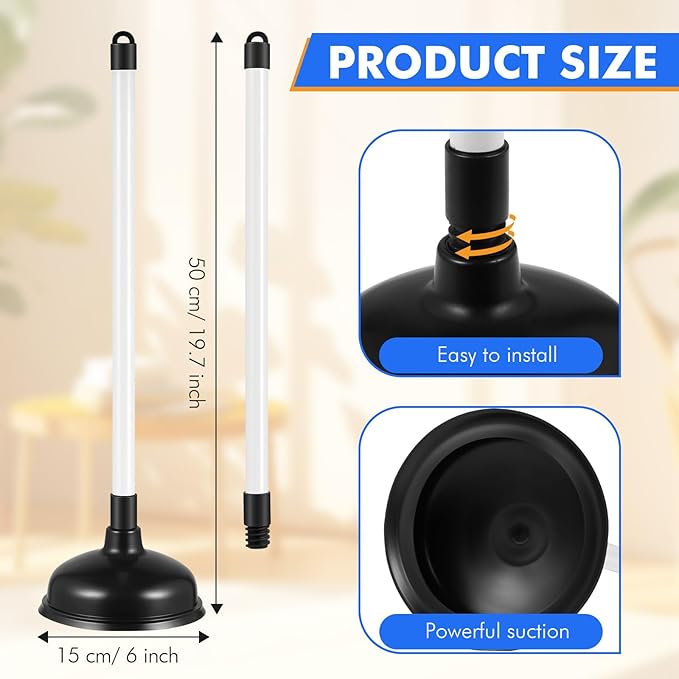 6 Pack Toilet Plungers Bulk with 19.7 Inch Long Handle Force Suction Cup Rubber Plunger for Bathroom to Fix Clogged Toilets Drains (Black)