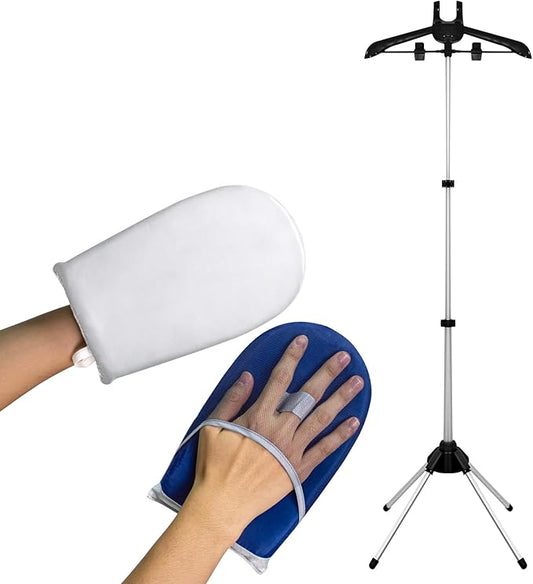 Clothes Steamer Stand Hanger with Steamer Ironing Glove for Steaming Clothes, Handheld Garment Steamer Rack with Grey Mini Handhelded Ironing Pad Board