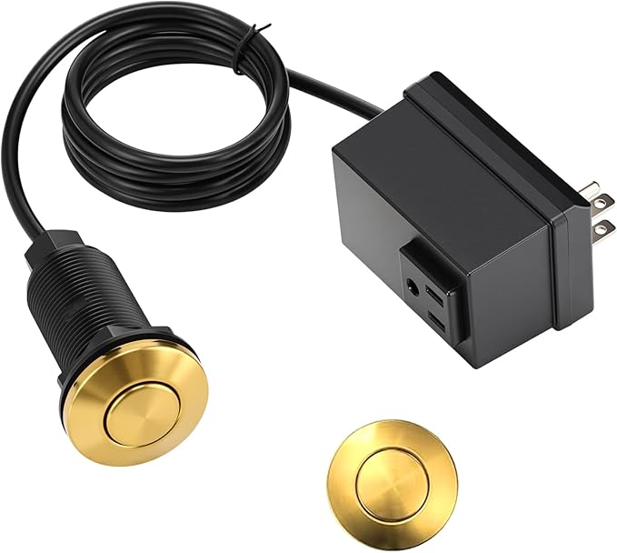 Garbage Disposal Air Switch Kit Wireless Sink Top Garbage Disposal Button Stainless Steel/On/Off Waterproof Button Kit with Long Switch Matte UL Listed(Single Outlet,Gold,Short Size)