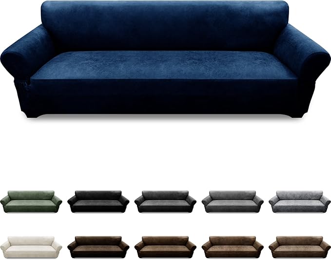 Oversized Sofa Slipcover Leather Look Couch Cover for 4 Seater Sofa 1-Piece Sofa Cover Stretch Furniture Protector with Elastic Bottom & Pockets(XL Sofa, Navy)