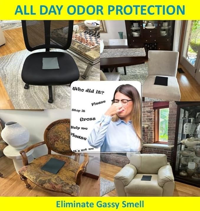 FreshSeatRx 4-Discreet Odor Removal Seat Pads. Orthopedic Seat Cushion Pads Prevent Gassy Seat & Room Air Odors. Use Home, Office, Car, Flight, Any Seating. Activated Charcoal & Carbon Gas Pad FS-4