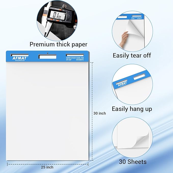 AFMAT Sticky Easel Pads, 25 in x 30 in Flip Chart Paper for Teachers, Super Sticky & Bleed-Resistant, Self-Stick Anchor Chart Paper for Office/Classroom/Whiteboard/Wall/Windows, 30 Sheets/Pad, 3 Pads