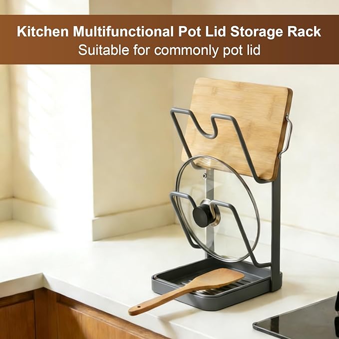 Pot Lid Holder,304 Stainless Steel Pot Lid Holder While Cooking,Kitchen Pot Lid Storage Rack, Removable Drip Tray, Multifunctional Kitchen Organizer Stand for Countertop (White, Double-layer)