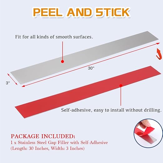 304 Brushed Stainless Steel Sheet Gap Filler, Metal Trim Strip for Wall Oven/Microwave Combo/Range/Cooktop, Self-Adhesive Gap Cover, 30 Inches Long, 3 Inches Wide, One Piece
