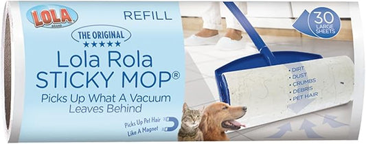 LOLA Rola Sticky Mop Refills, Giant Adhesive Roller, Traps Dirt, Dust & Hair, 30 Sheets, Pet Hair Remover, Floor & Carpet Cleaner, 1 Pack