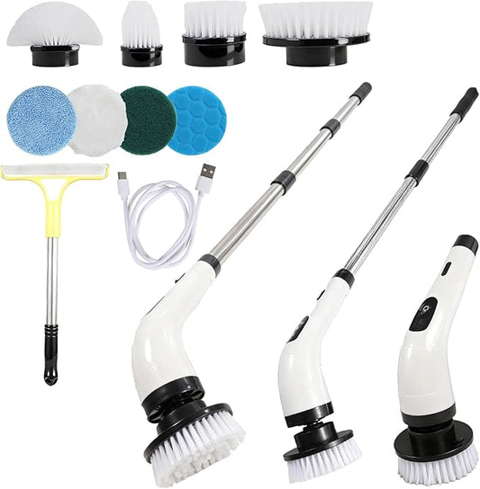 Rechargeable Electric Spin Scrubber, Waterproof Power Cleaner with 7 Brush Heads,1 Window Squeegee,2 Speeds Adjustable Long Handle for Bathroom, Floor, Shower, Tile & Kitchen Cleaning (White)