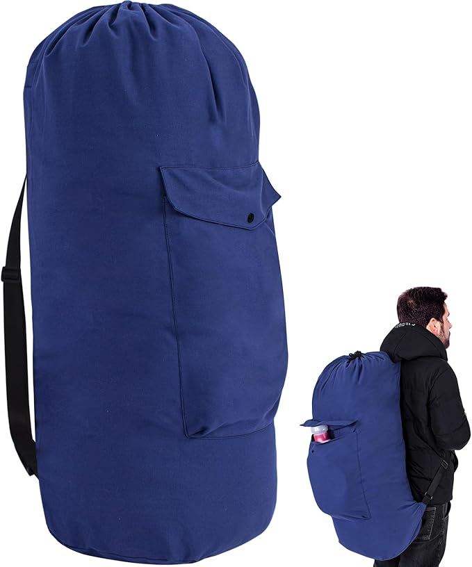 Sanlykate Canvas Backpack Laundry Bag - Extra Large Durable Dirty Clothes 2-3 Days Capacity with Adjustable Shoulder Strap & Front Pocket, for College Dorm, Apartment, Laundromats, Camping Travel