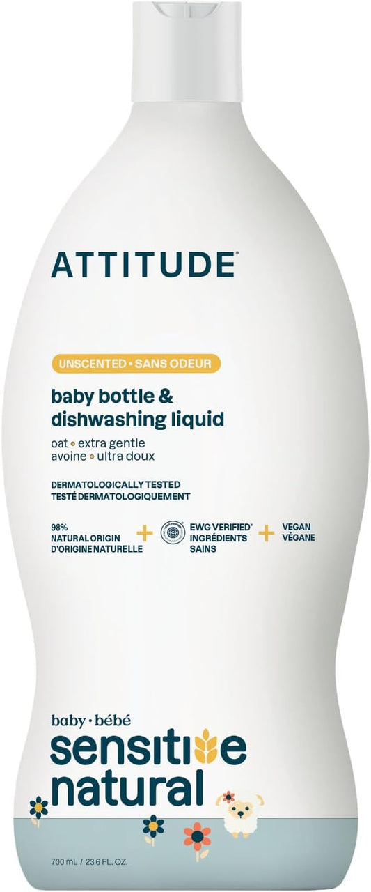 ATTITUDE Baby Bottle & Dish Soap with Oat Extract, EWG Verified Bottle Cleaner For Sensitive Skin, Fragrance Free & Dye Free, Removes Milk Residue & Grease, Vegan, Unscented, 23.7 Fl Oz