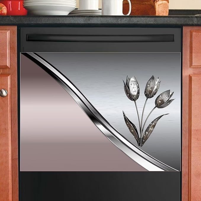 Generic Metal Flower Magnet Dishwasher Cover,Floral Metal Texture Decal for Dishwasher Front Door,Pink Polishing Steel Kitchen Dishwsher Magnetic Sticker 23'' W x 17'' H, Rimyy111-3