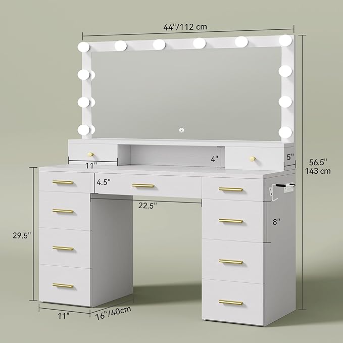 YITAHOME Large Vanity Desk with Mirror and Lights, Big Makeup Vanity with Power Outlets & 11 Drawers, 3 Lighting Modes Adjustable Bedroom Dressing Table for Bedroom, Dressing Room, White